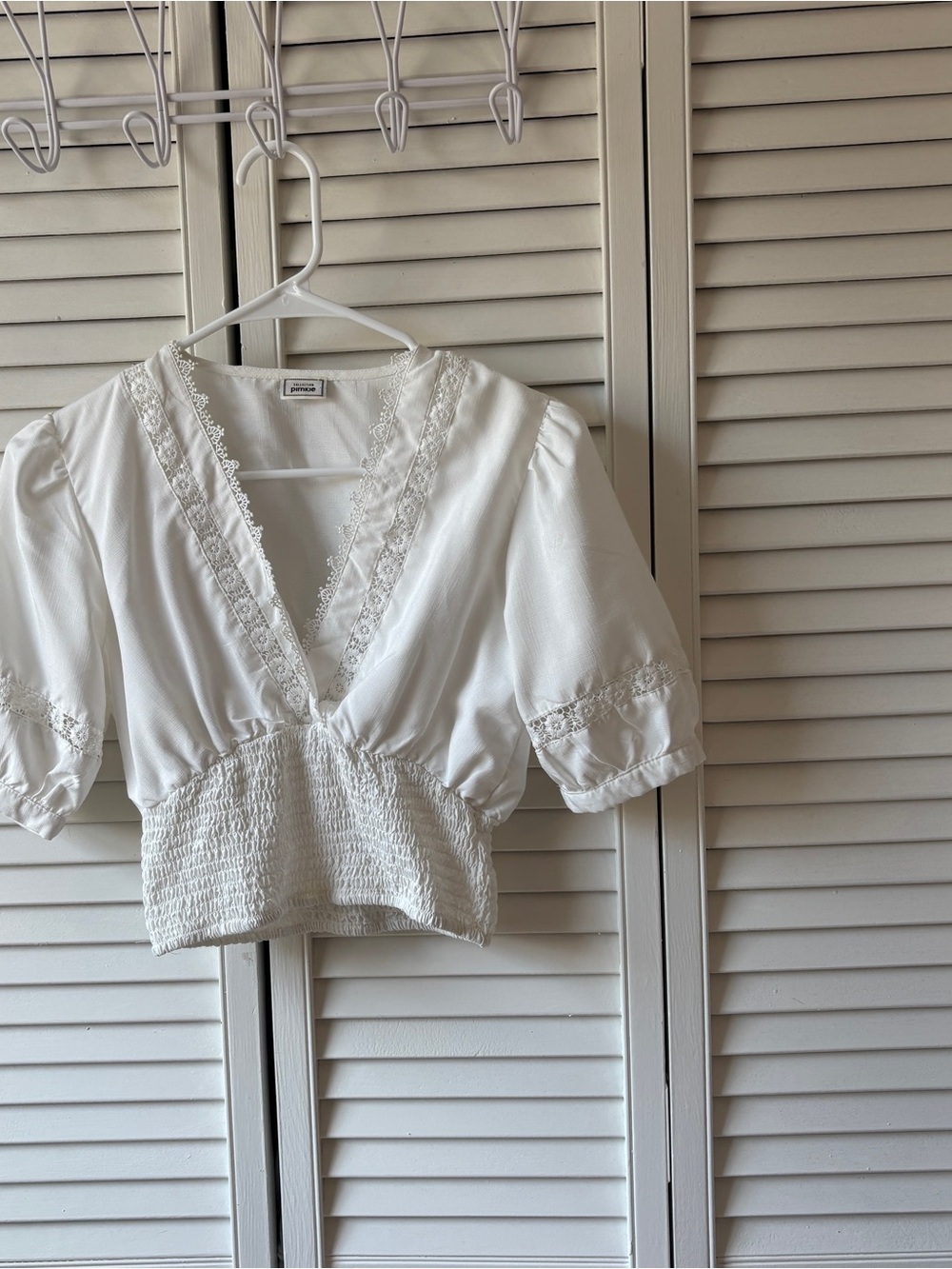 White Lace-Trim Smocked Waist Blouse